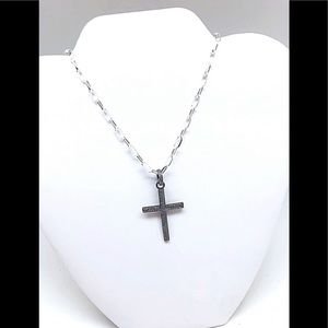 Classic Pave Diamond Large Cross on Paperclip Sterling Chain, Unisex NWT